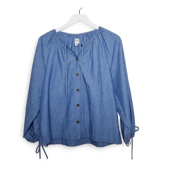 J. CREW Re-Imagined Tie-Sleeve Button Up Chambray Peasant Sleeve Shirt Top - S - Picture 2 of 9
